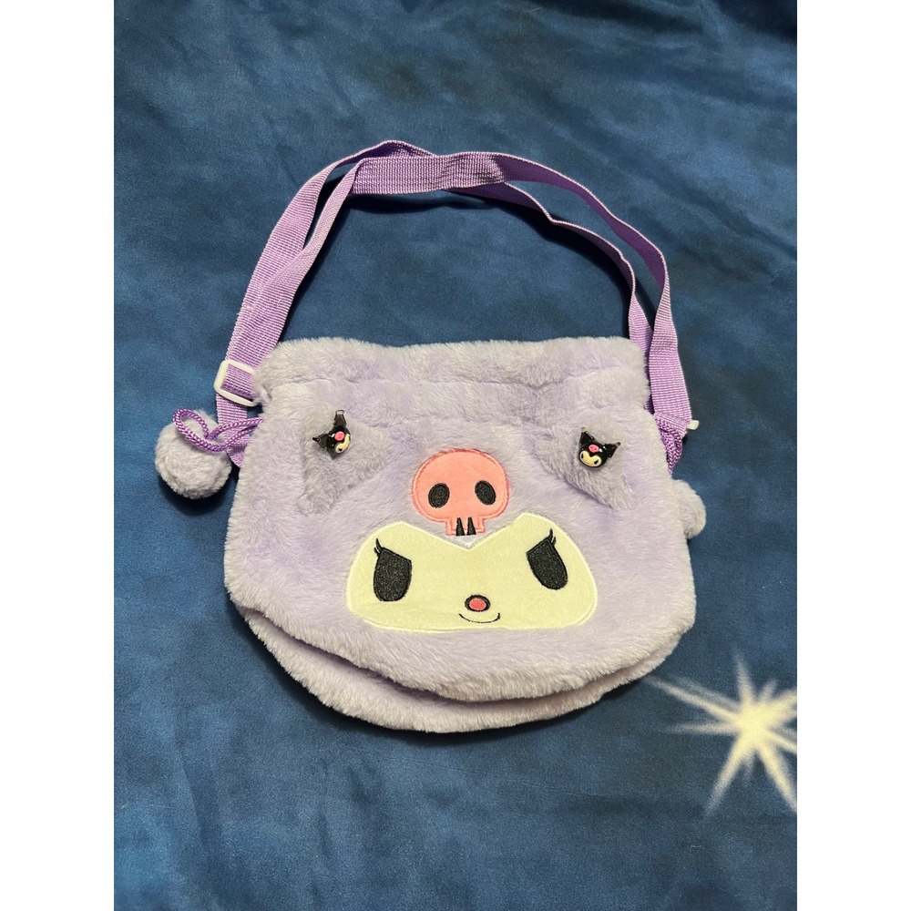 Sanrio Kuromi Plush Crossbody Bag Purple Faux Fur Drawstring Purse Skull Pom Pom